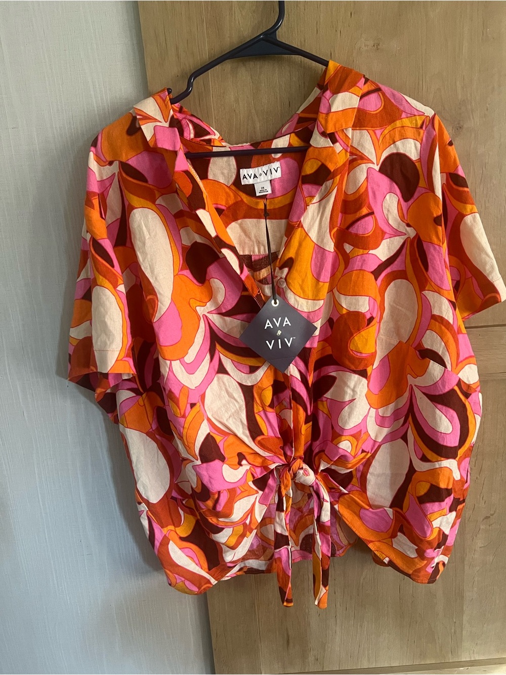 Ava & Viv Pink Orange Cream Retro Floral Tie-Front Blouse